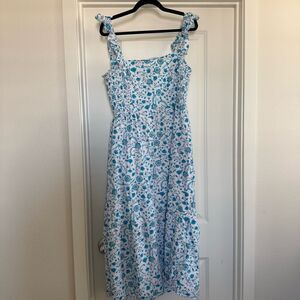 Draper James 2X Cotton Flutter Sleeve Ruffle Smocked Blue Floral Tiered Dress